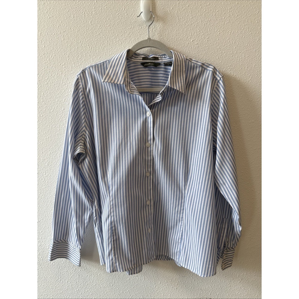 Eddie Bauer Women Blue Stripe Stretch Wrinkle Resist Long Sleeve Blouse XL